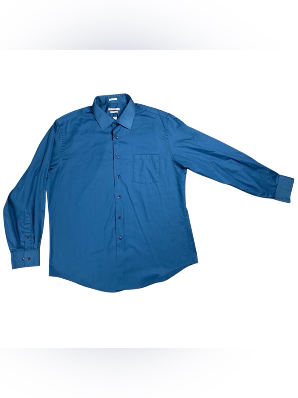Van Heusen Mens Blue Dress Shirt Long Sleeve Lux Satin Fitted Size 17.5 34-35